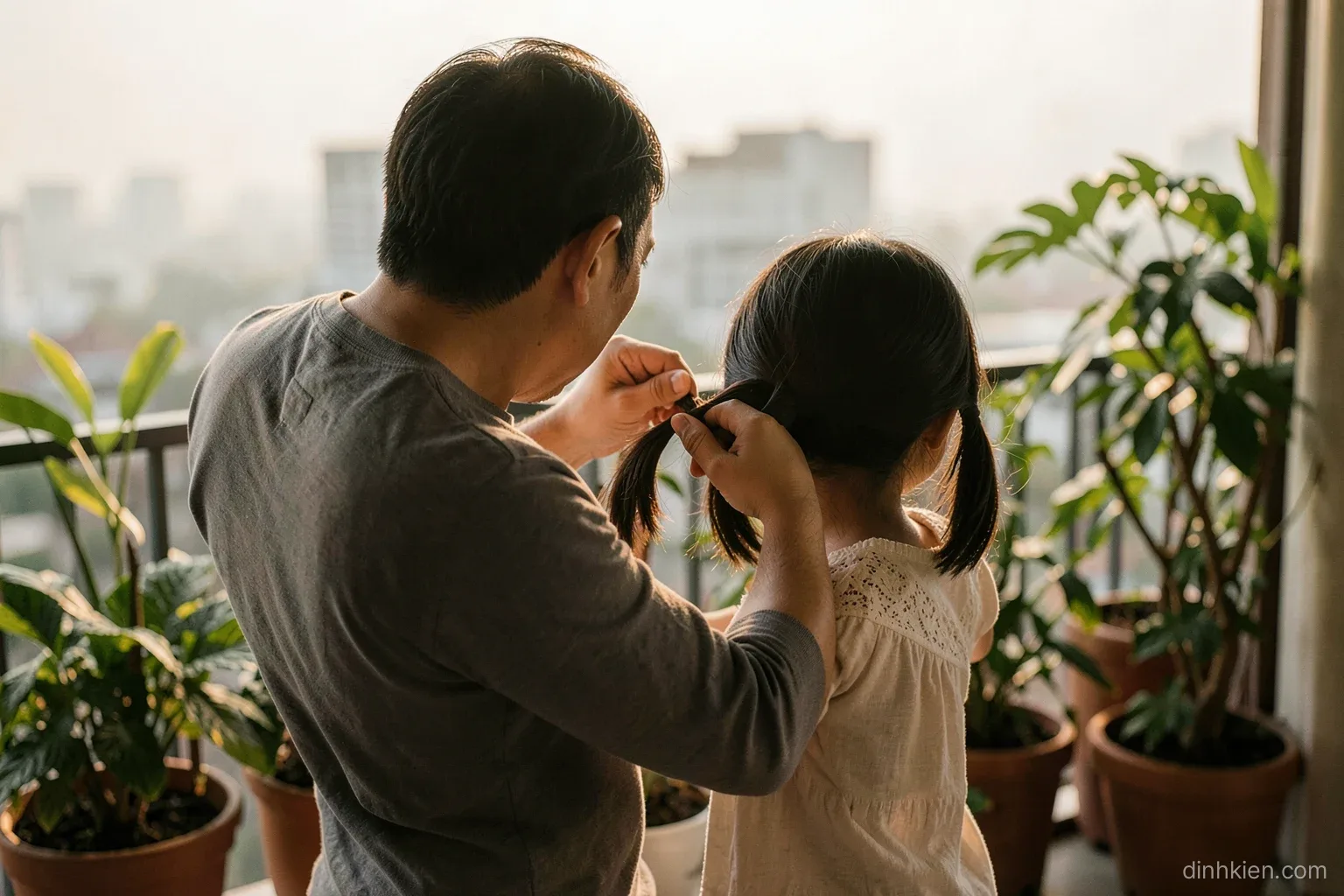 A Vietnamese father braiding his young daughter hair on a balcony in morning light, both seen from behind, potted plants around, gentle warm tones, intimate documentary framing