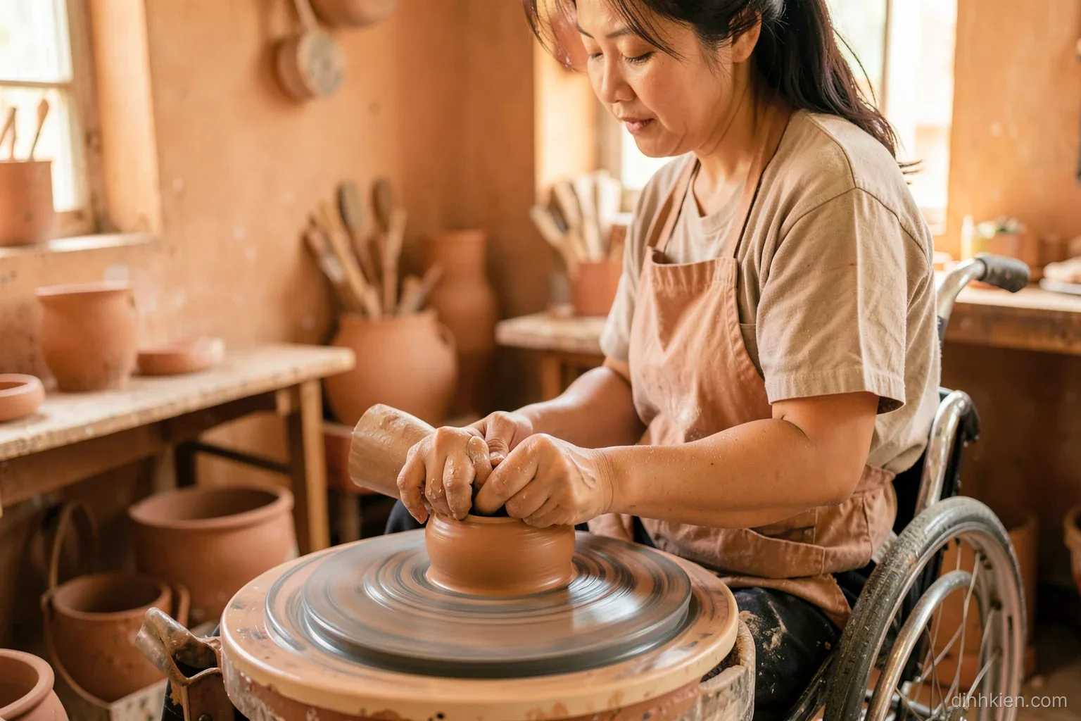 A Vietnamese woman using a wheelchair working at a pottery wheel in a bright workshop, hands shaping clay in focus, face out of frame, warm terracotta tones, side light