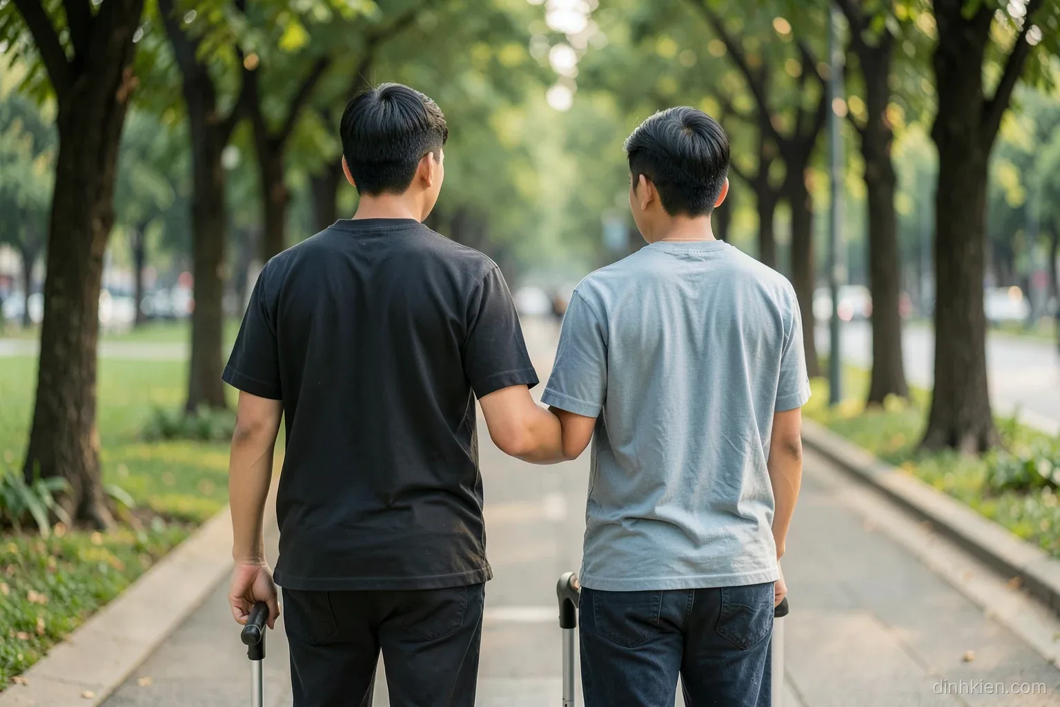 A young Vietnamese man guiding a person with a white cane along a tree-lined sidewalk, the guided person holding his elbow, both seen from behind, soft morning light, green tones