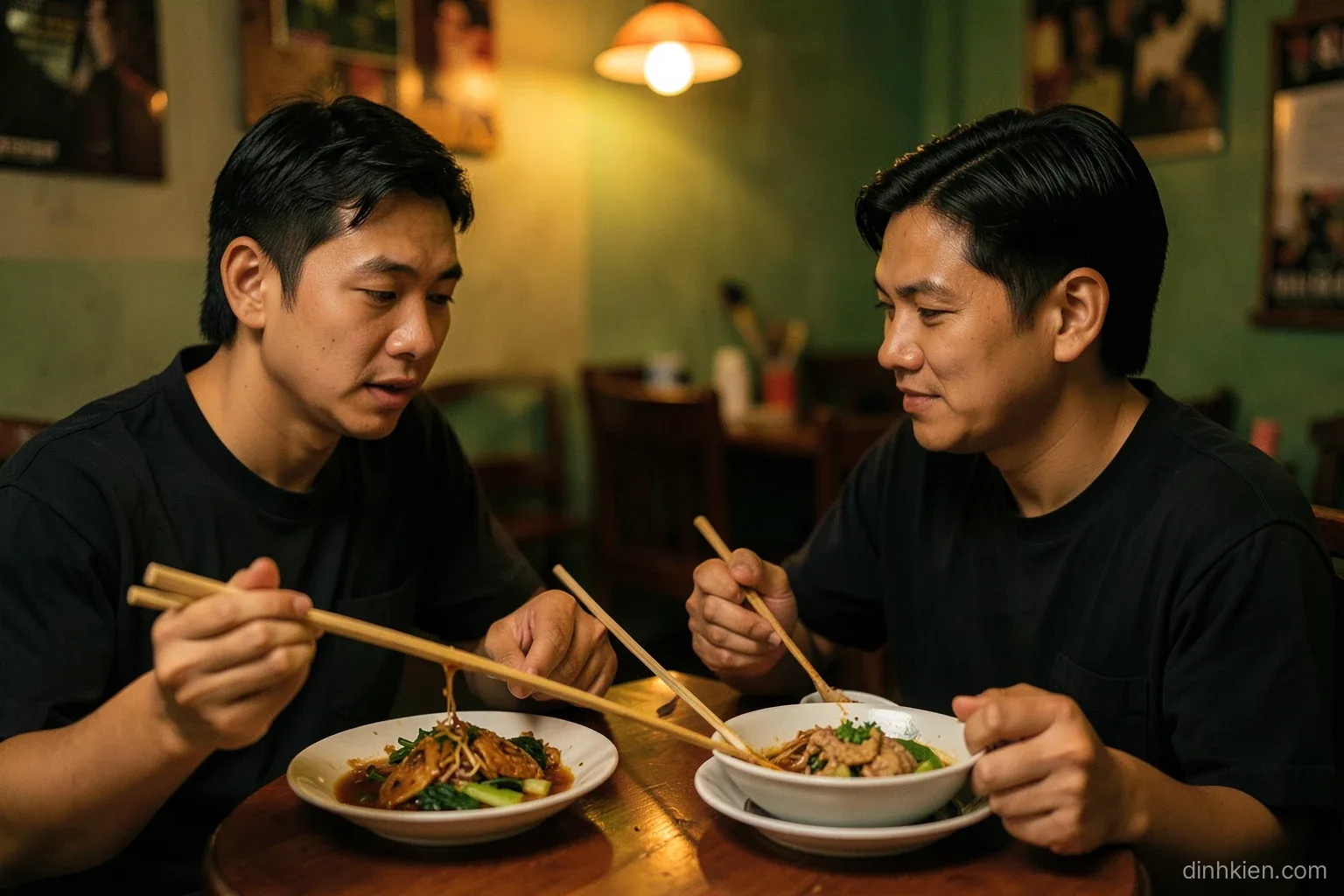 Two Vietnamese coworkers sharing a meal from the same dishes at a small eatery, chopsticks crossing over plates, faces out of frame, warm lamplight, cozy amber and green palette