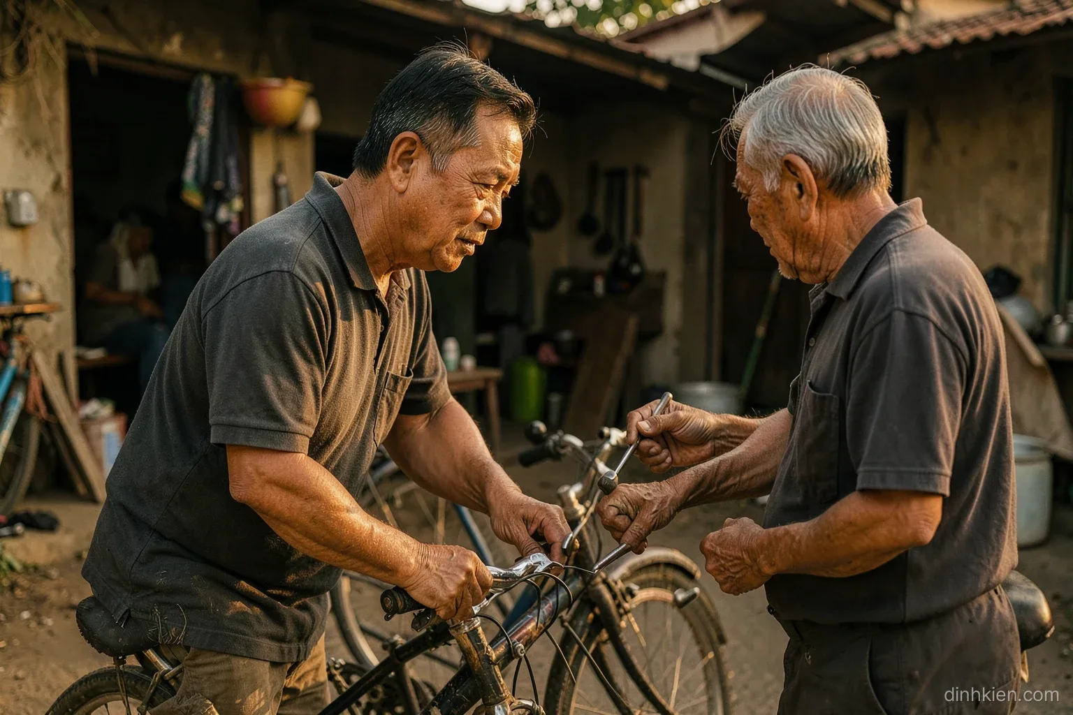 A middle-aged Vietnamese man repairing a bicycle in a small roadside workshop while an older neighbour hands him a tool, faces turned away, warm late afternoon light, honest documentary tones
